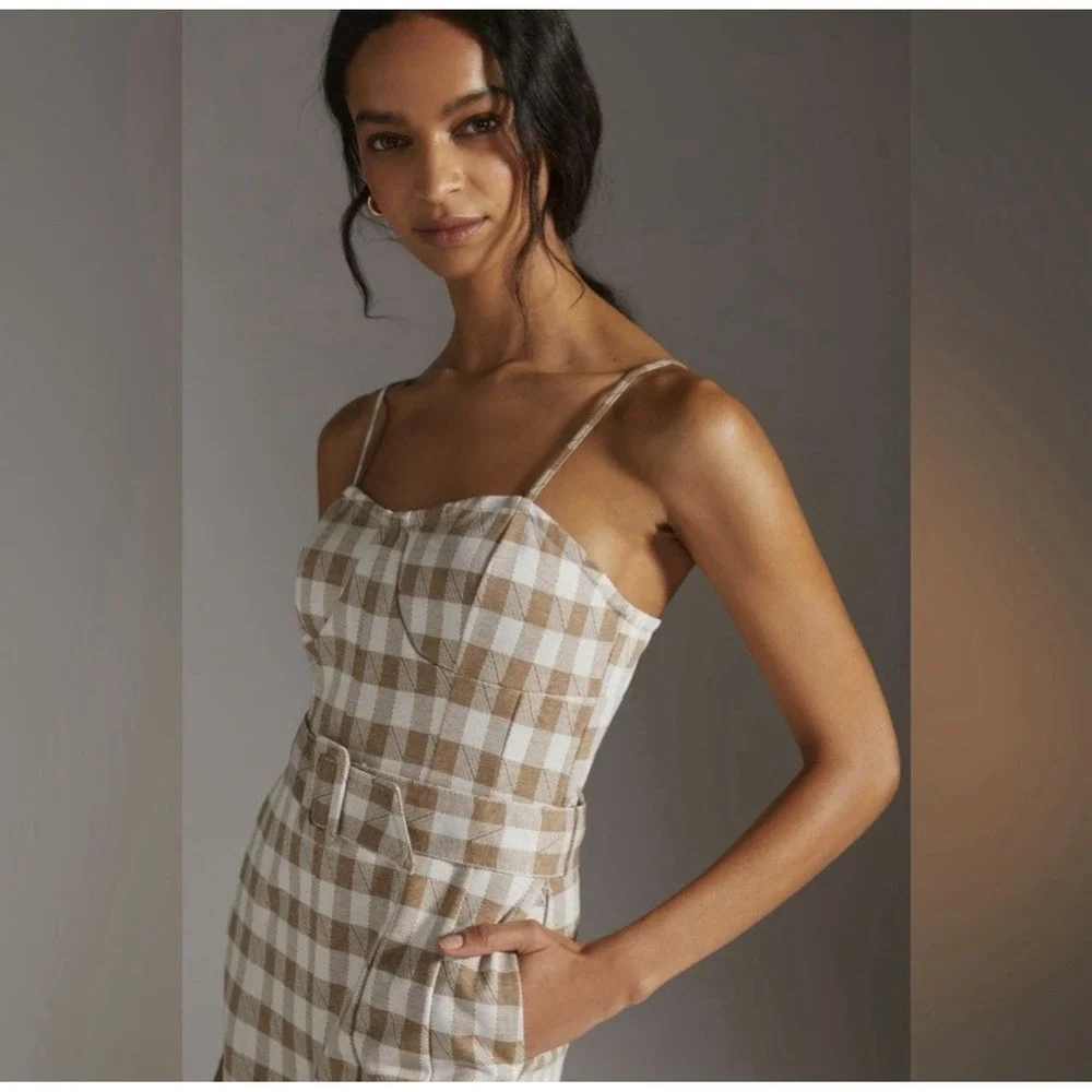En Saison ANTHROPOLOGIE Mani Gingham Plaid Jumpsuit Size XS Beige Belted Pockets